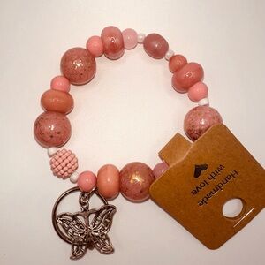 Pink Beaded Bracelet/key ring with Butterfly Charm